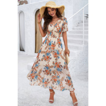 Boho Floral Print High Waist Band Fit Lined Dress