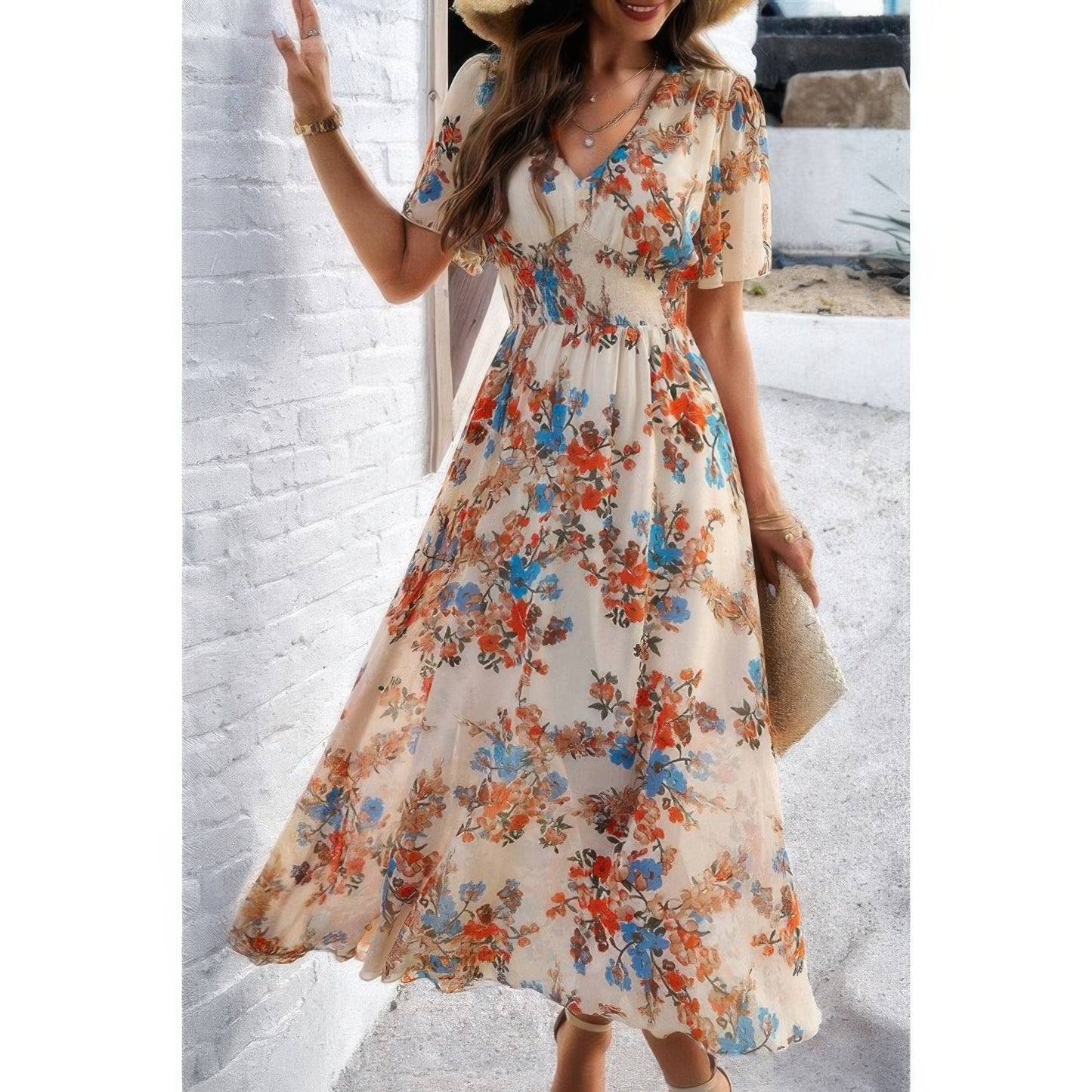 Boho Floral Print High Waist Band Fit Lined Dress