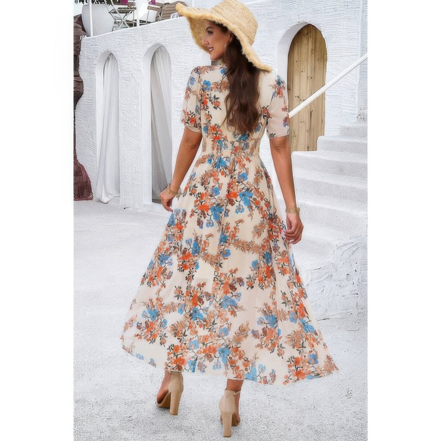 Boho Floral Print High Waist Band Fit Lined Dress
