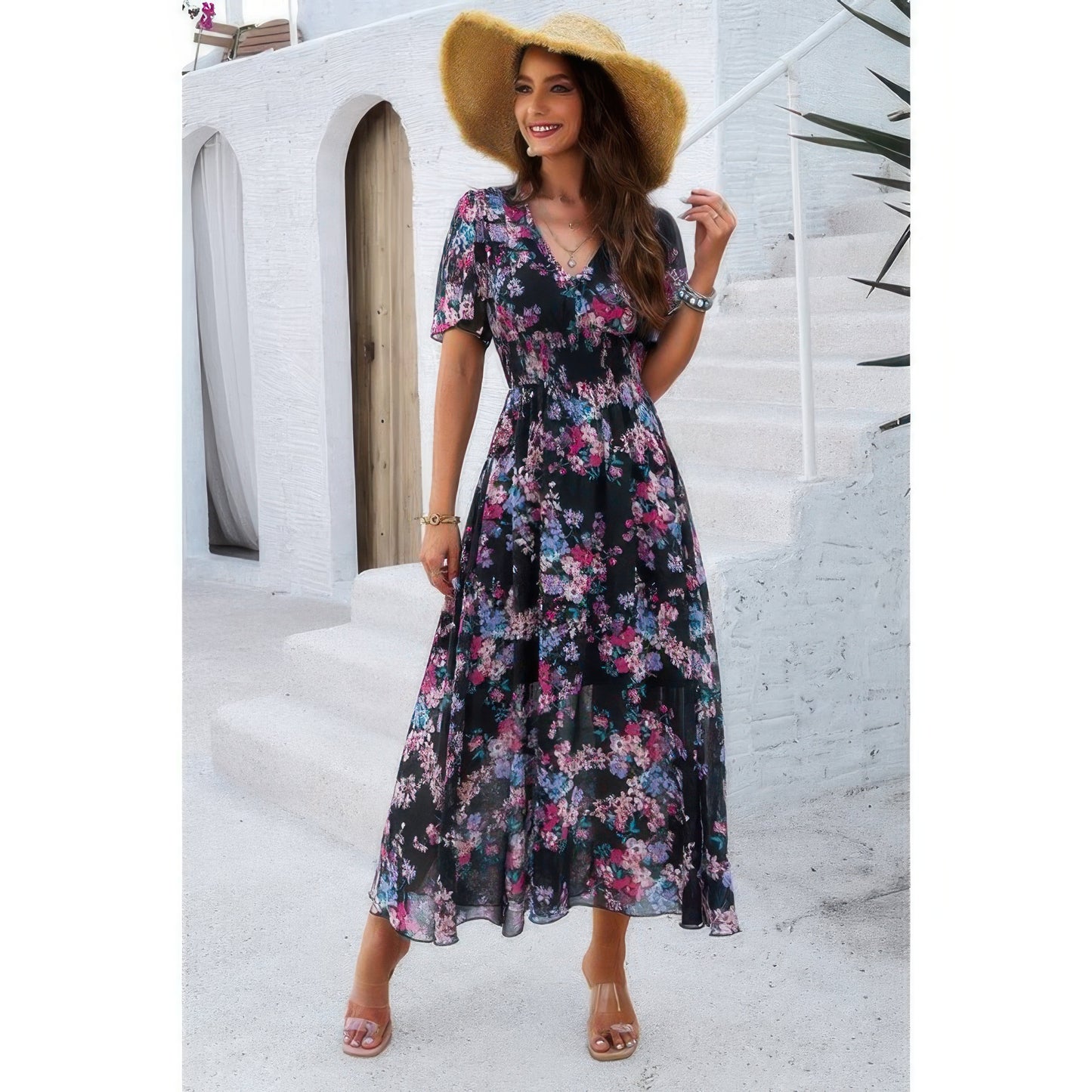Boho Floral Print High Waist Band Fit Lined Dress