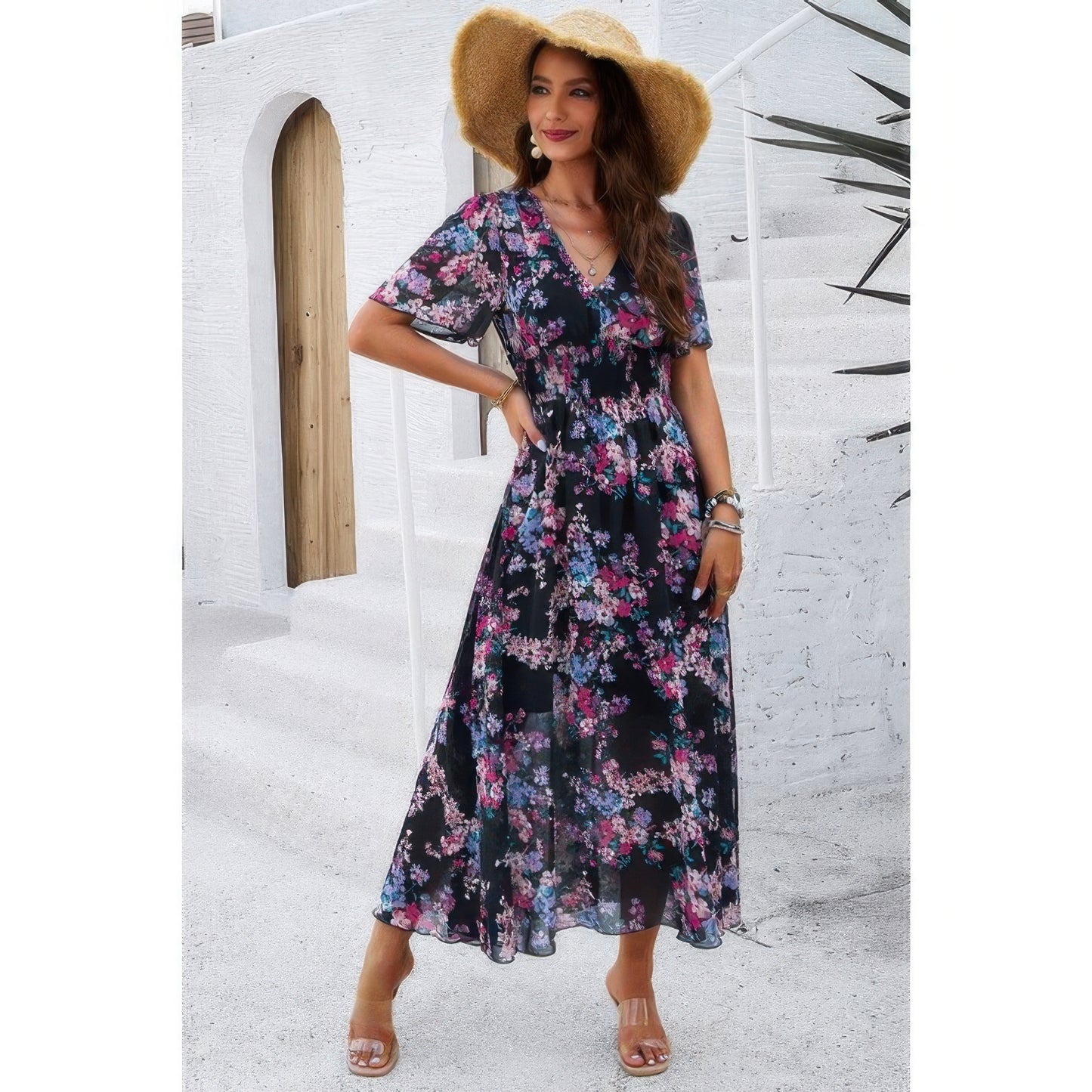 Boho Floral Print High Waist Band Fit Lined Dress