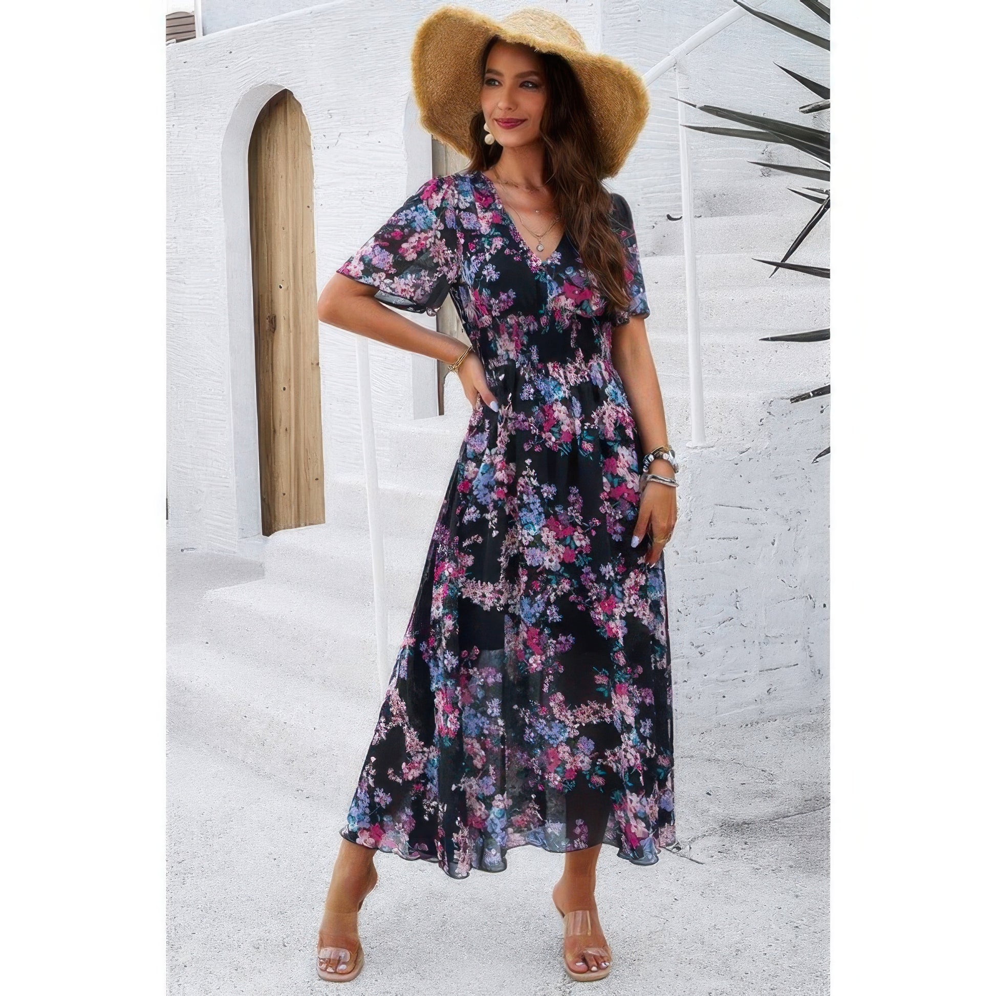 Boho Floral Print High Waist Band Fit Lined Dress