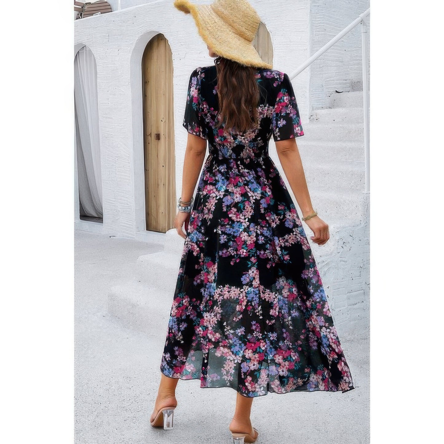 Boho Floral Print High Waist Band Fit Lined Dress