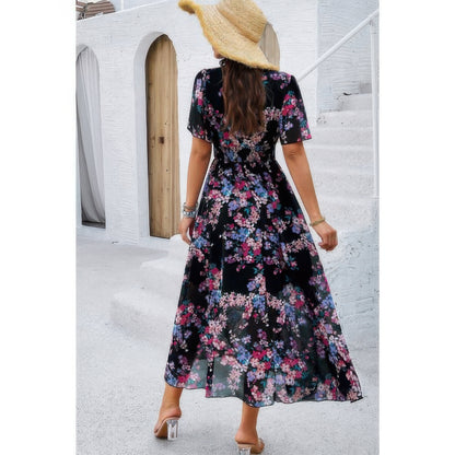 Boho Floral Print High Waist Band Fit Lined Dress