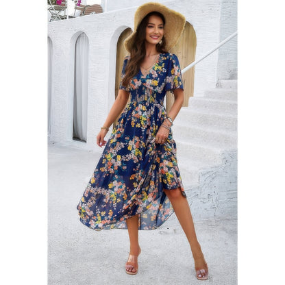 Boho Floral Print High Waist Band Fit Lined Dress