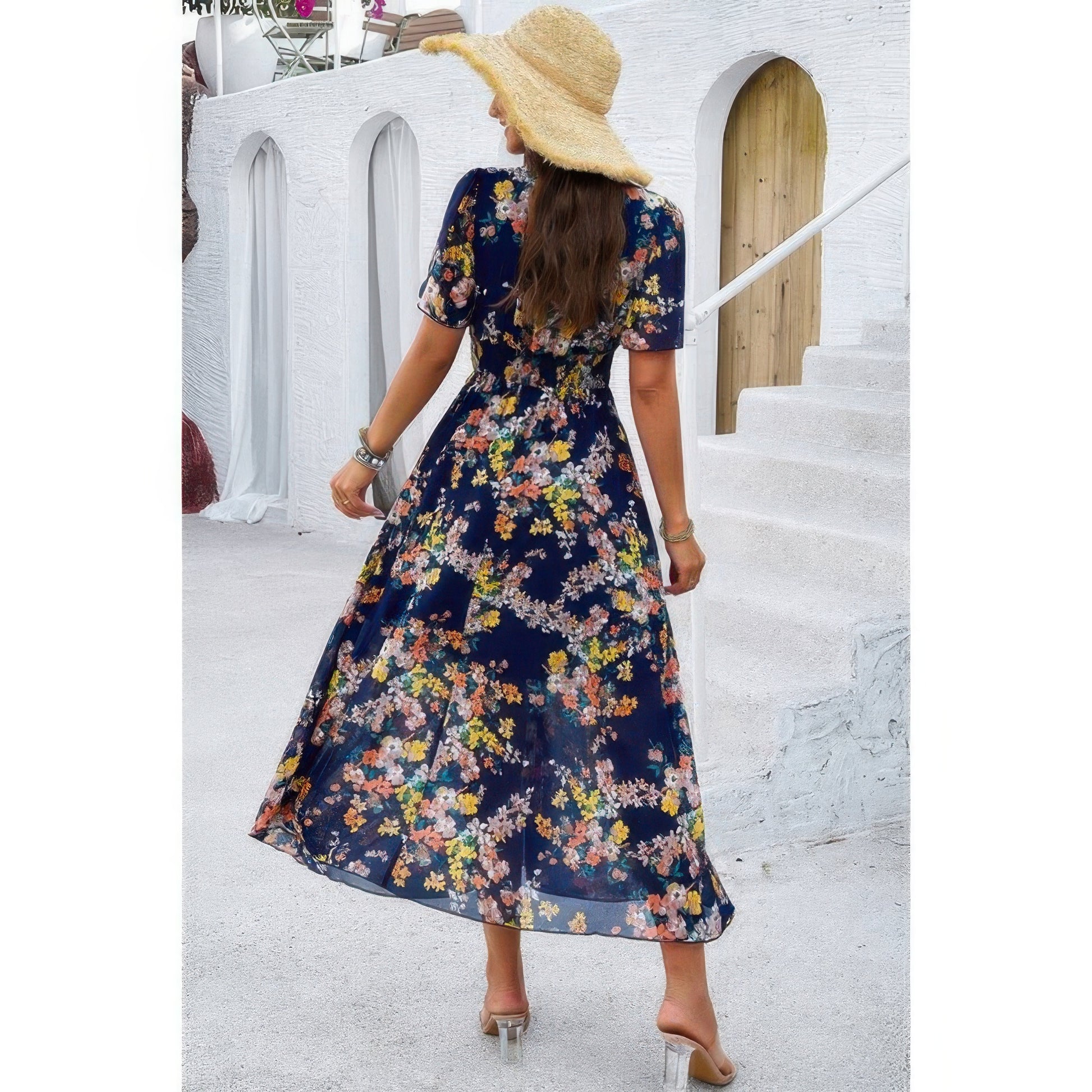 Boho Floral Print High Waist Band Fit Lined Dress