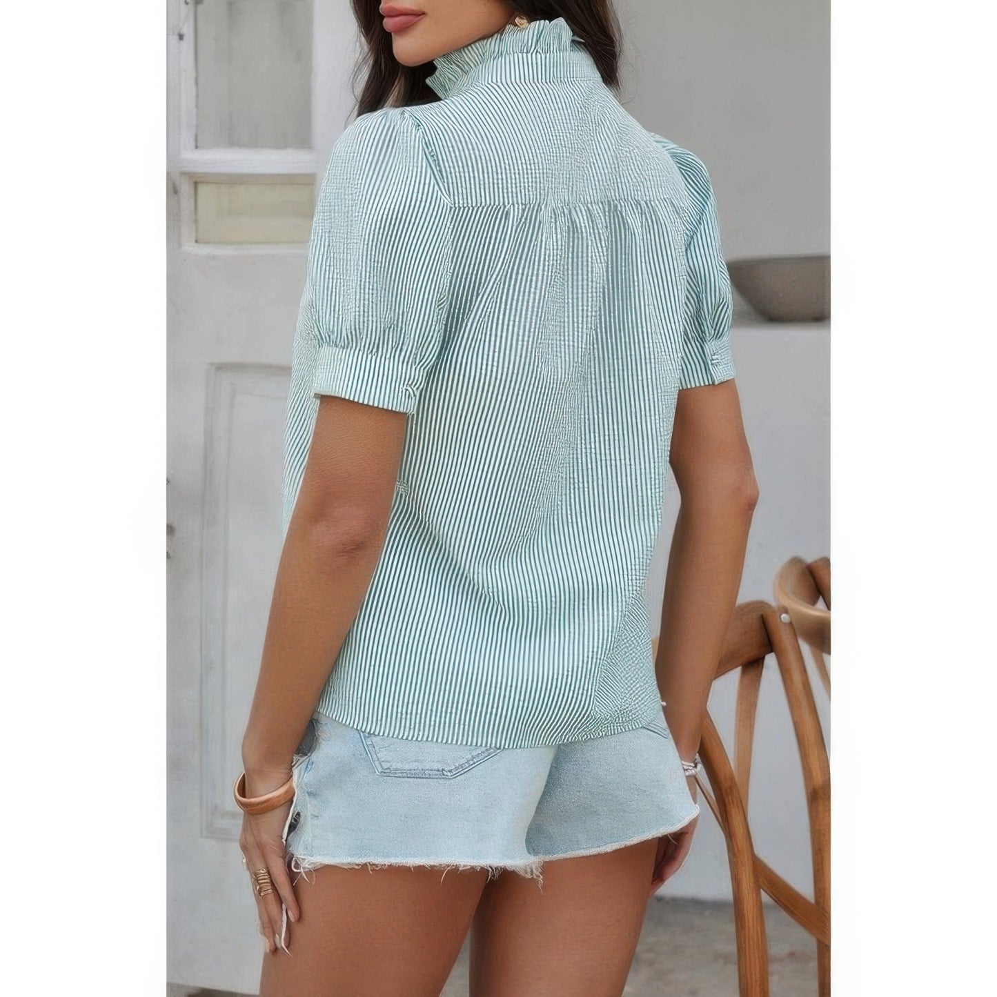 Strip Button Down Ruffle Hem Puff Short Sleeve Shirt