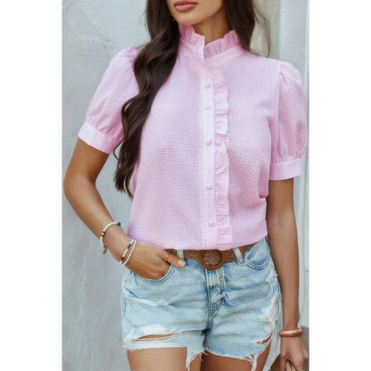Strip Button Down Ruffle Hem Puff Short Sleeve Shirt