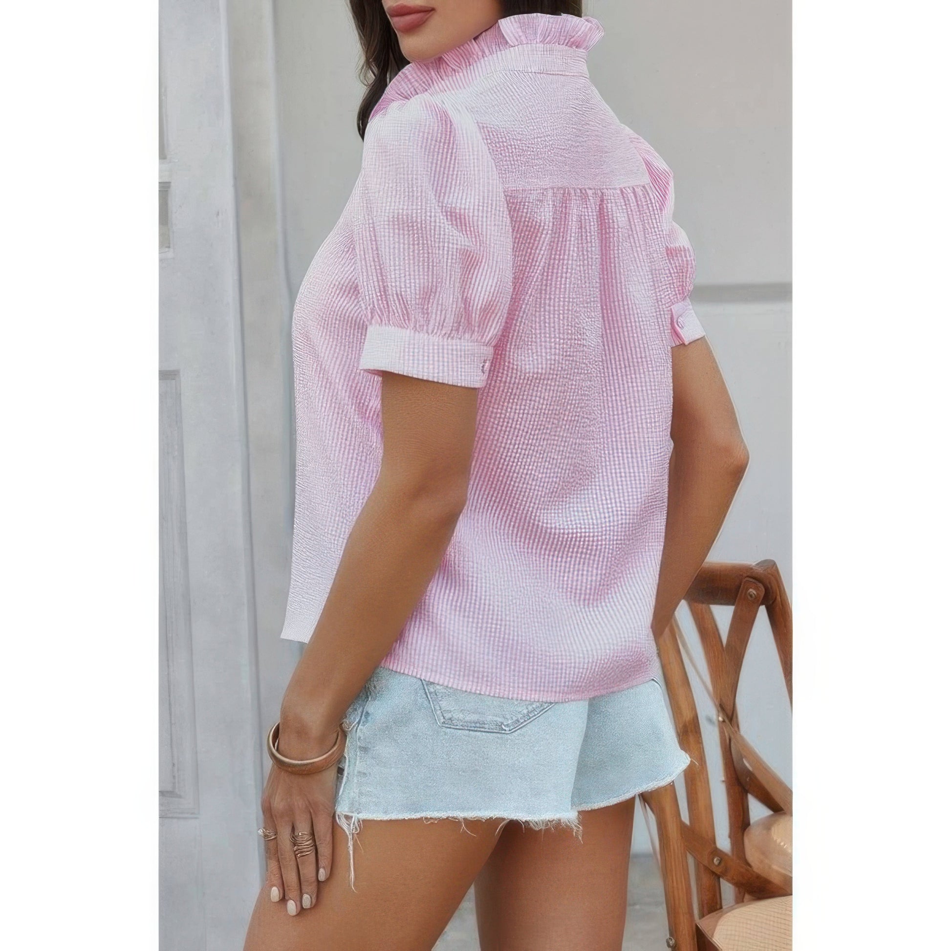 Strip Button Down Ruffle Hem Puff Short Sleeve Shirt
