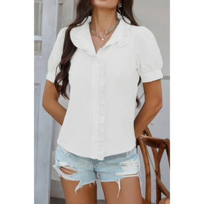 Strip Button Down Ruffle Hem Puff Short Sleeve Shirt