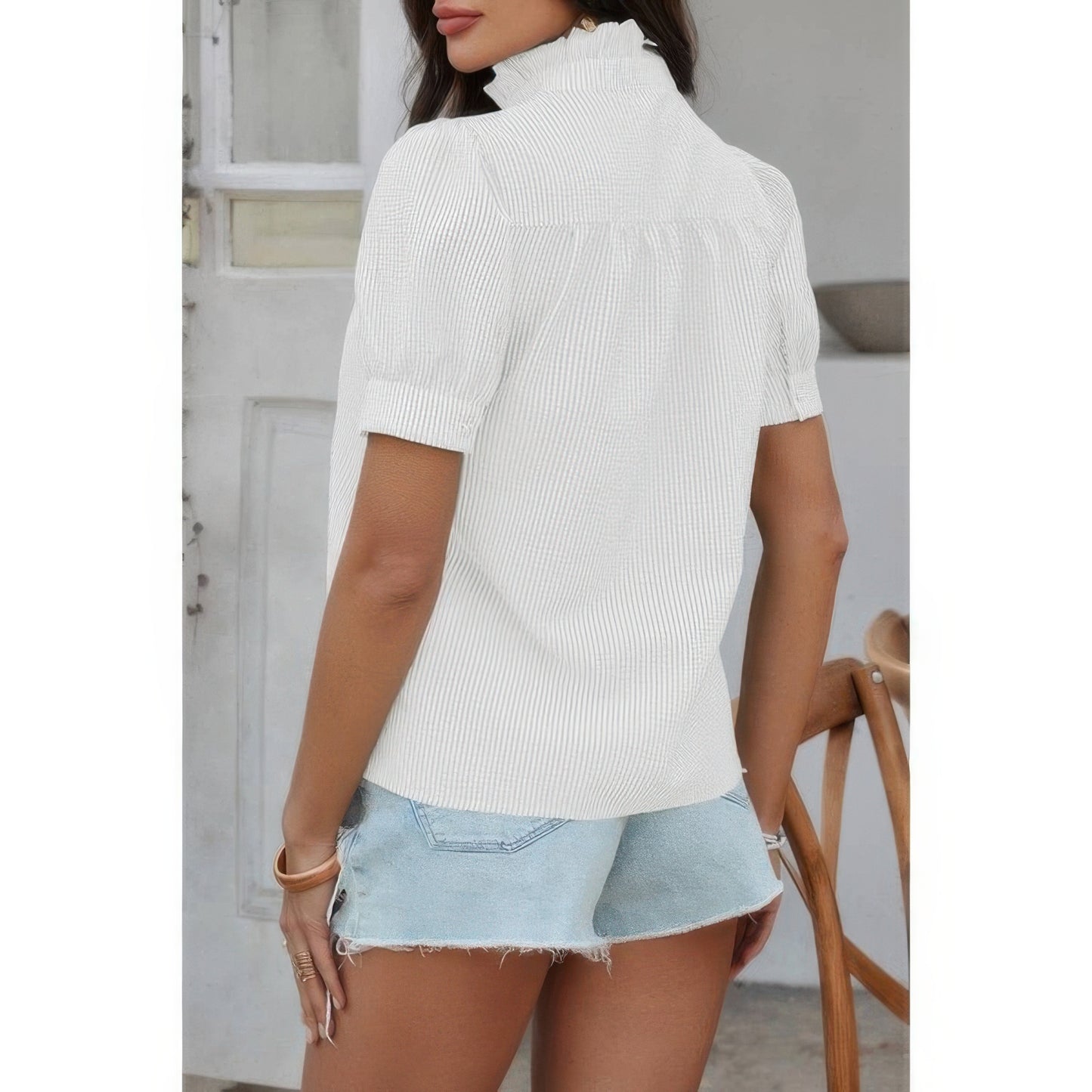 Strip Button Down Ruffle Hem Puff Short Sleeve Shirt
