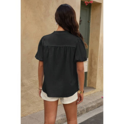 Button Down Lantern Puff Short Sleeve V Neck Top