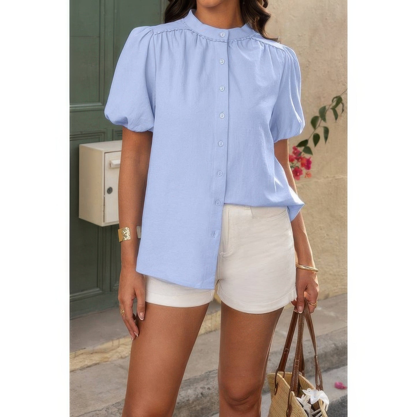 Button Down Lantern Puff Short Sleeve V Neck Top