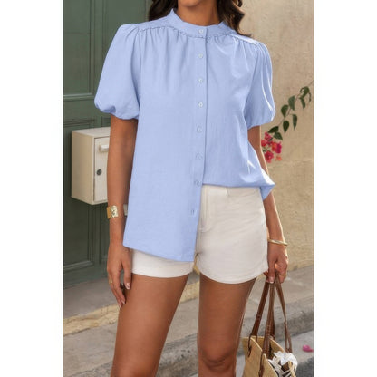 Button Down Lantern Puff Short Sleeve V Neck Top