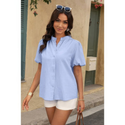 Button Down Lantern Puff Short Sleeve V Neck Top