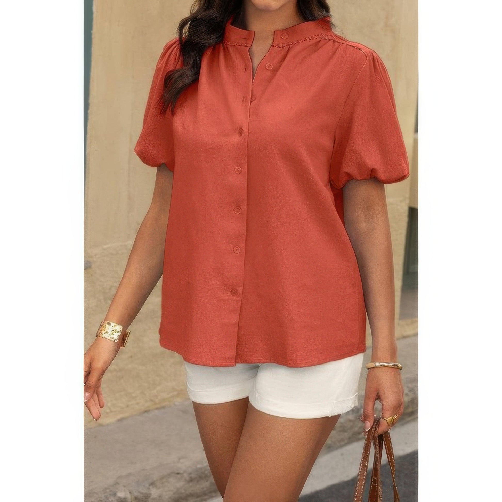 Button Down Lantern Puff Short Sleeve V Neck Top