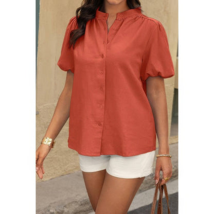 Button Down Lantern Puff Short Sleeve V Neck Top