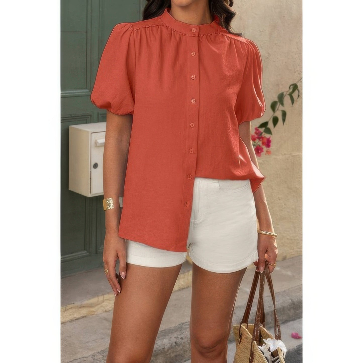 Button Down Lantern Puff Short Sleeve V Neck Top