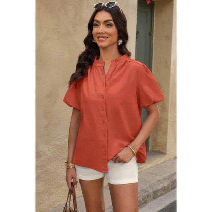 Button Down Lantern Puff Short Sleeve V Neck Top