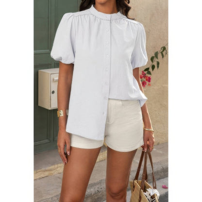 Button Down Lantern Puff Short Sleeve V Neck Top