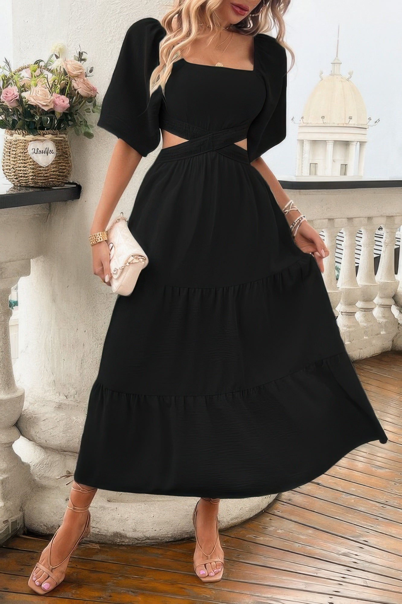 Solid Square Neck Cut Out Cross Ruffle Dress