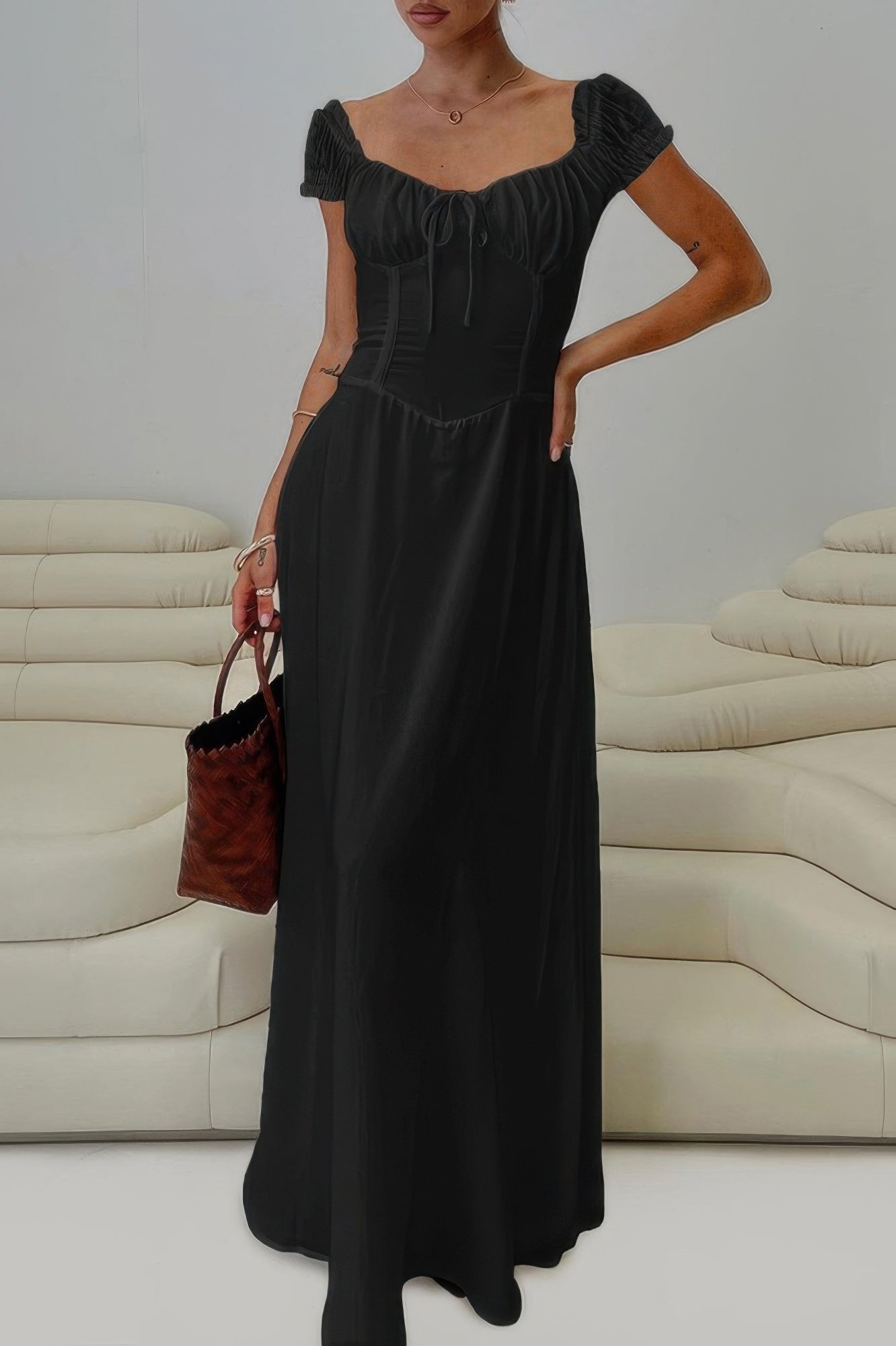 Deep Square Neck Drawstring Back Fit Dress