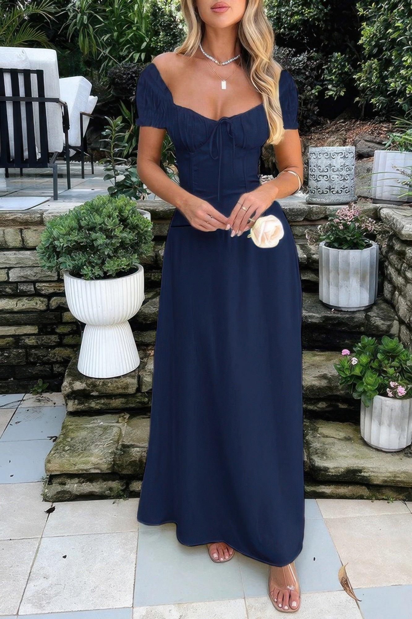 Deep Square Neck Drawstring Back Fit Dress