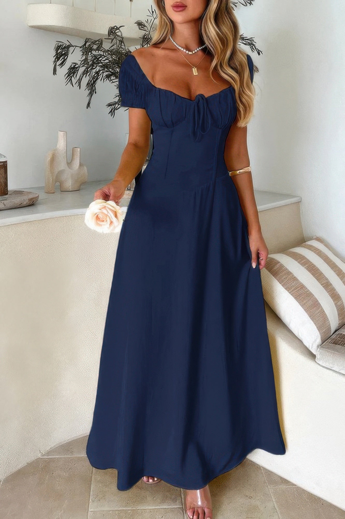 Deep Square Neck Drawstring Back Fit Dress