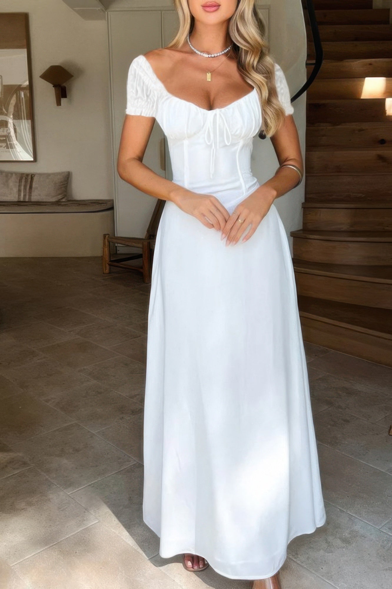 Deep Square Neck Drawstring Back Fit Dress