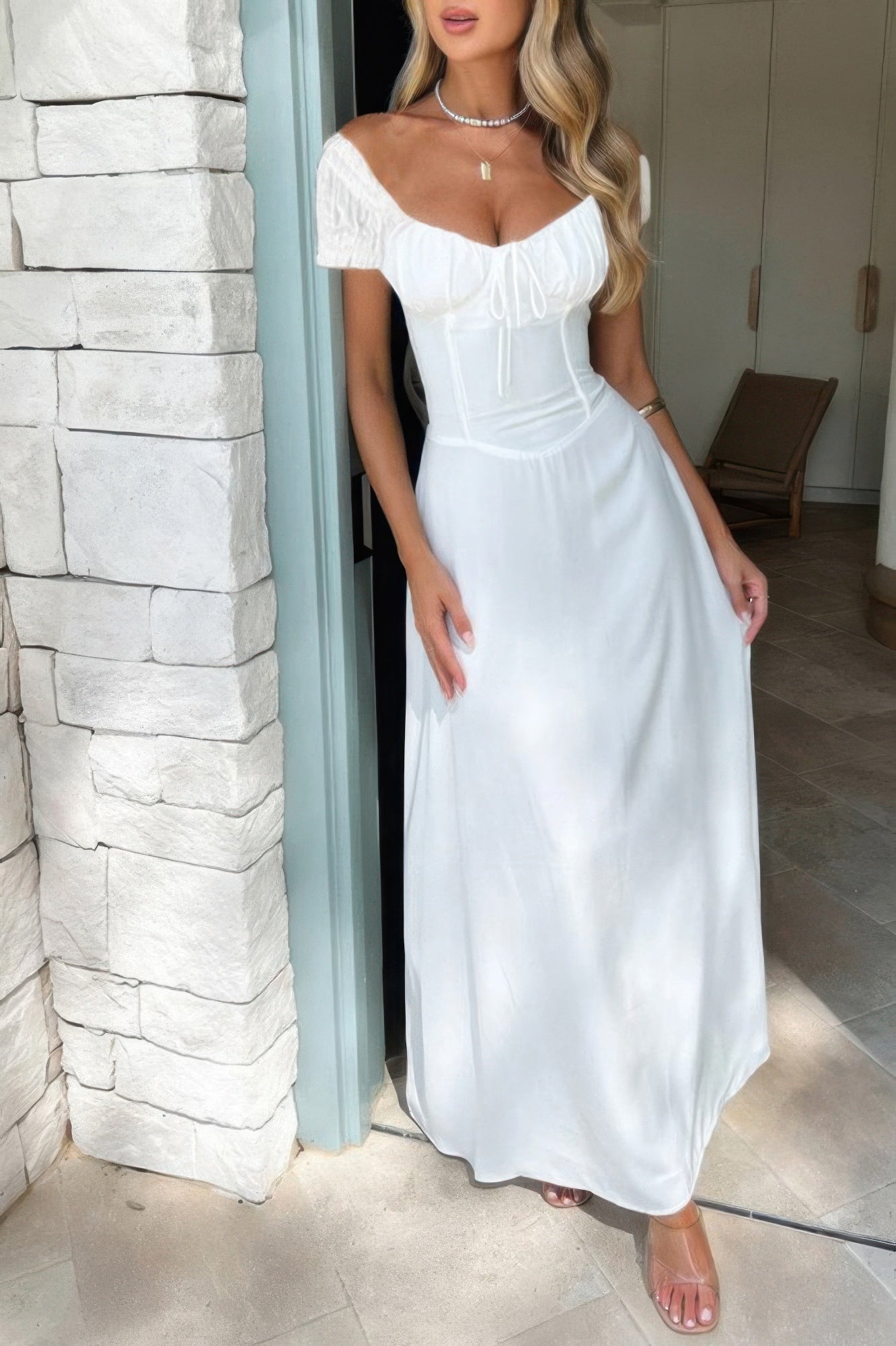 Deep Square Neck Drawstring Back Fit Dress