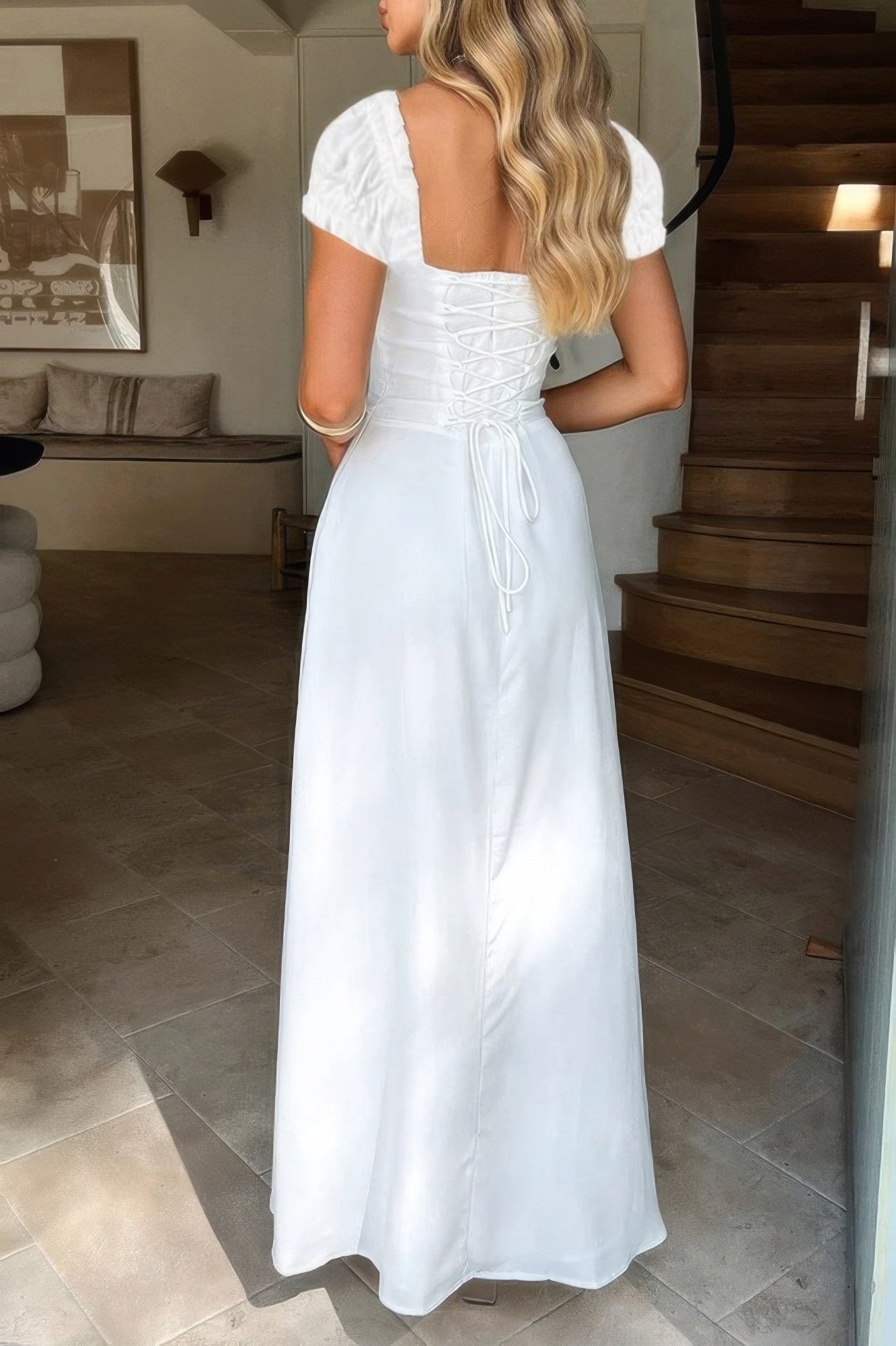 Deep Square Neck Drawstring Back Fit Dress