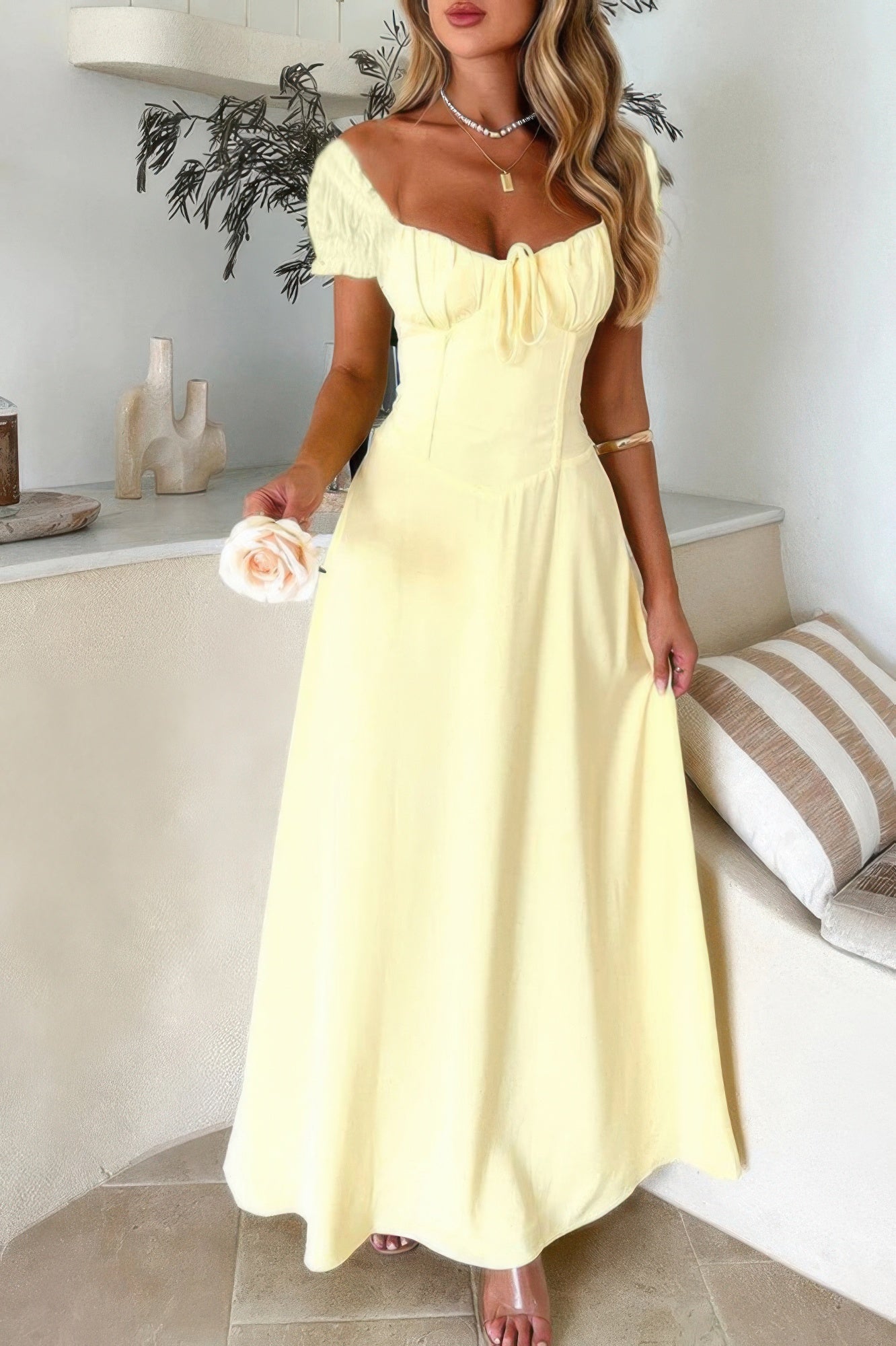 Deep Square Neck Drawstring Back Fit Dress