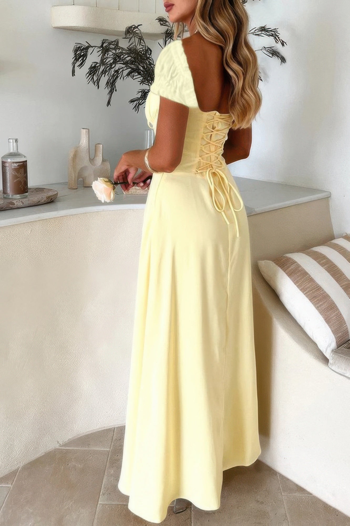 Deep Square Neck Drawstring Back Fit Dress