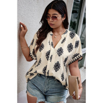 Plus Size Short Sleeve V Neck Printed Blouse