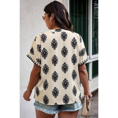Plus Size Short Sleeve V Neck Printed Blouse