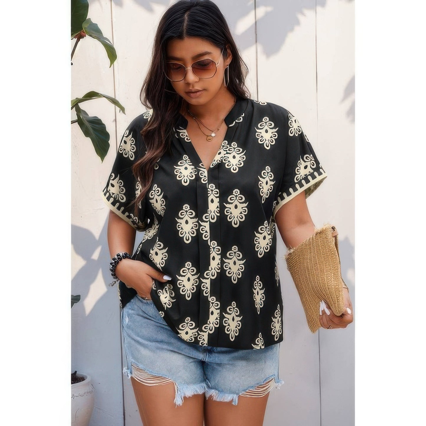 Plus Size Short Sleeve V Neck Printed Blouse