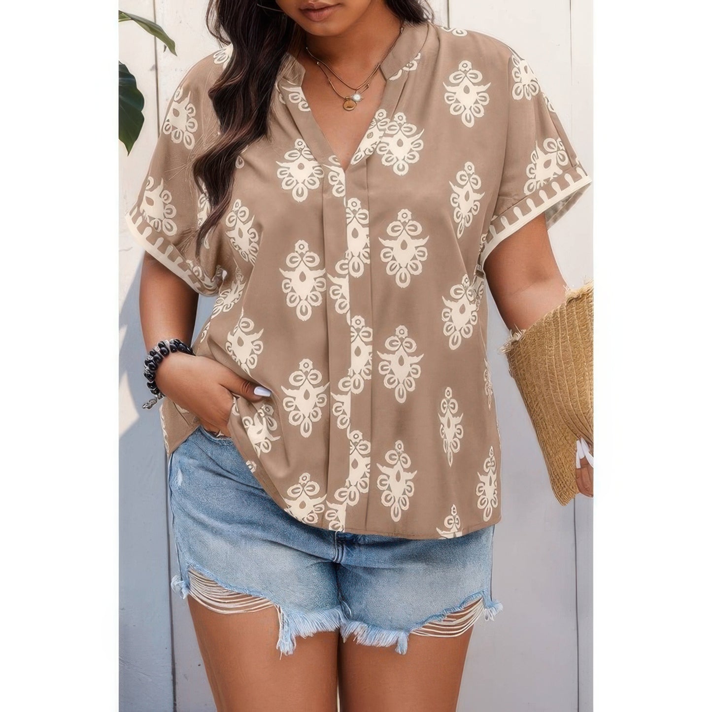 Plus Size Short Sleeve V Neck Printed Blouse