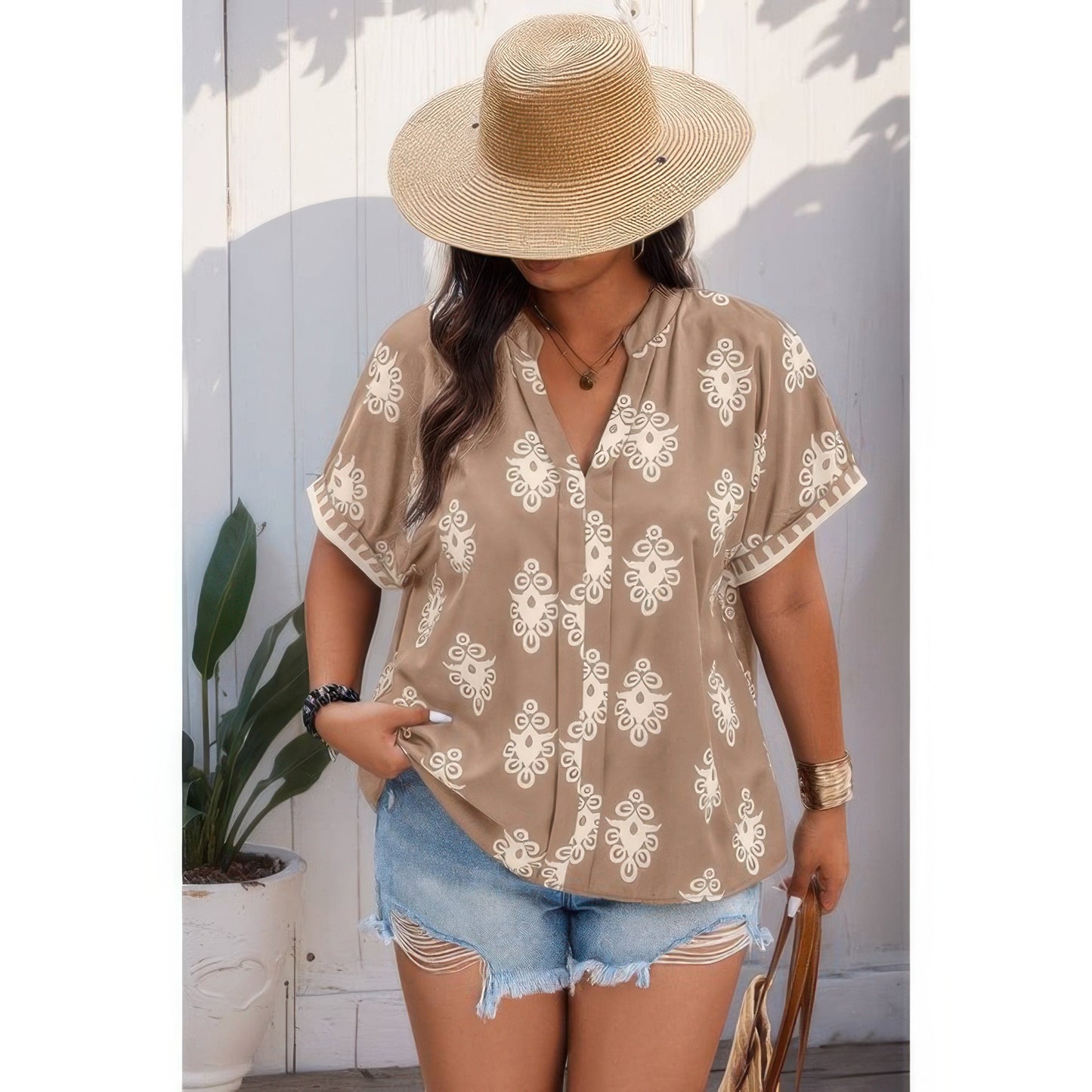 Plus Size Short Sleeve V Neck Printed Blouse