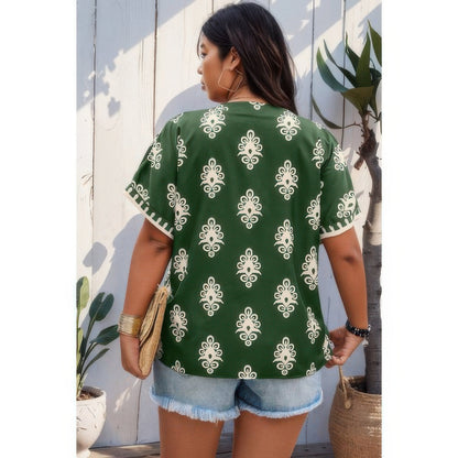 Plus Size Short Sleeve V Neck Printed Blouse