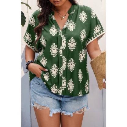 Plus Size Short Sleeve V Neck Printed Blouse