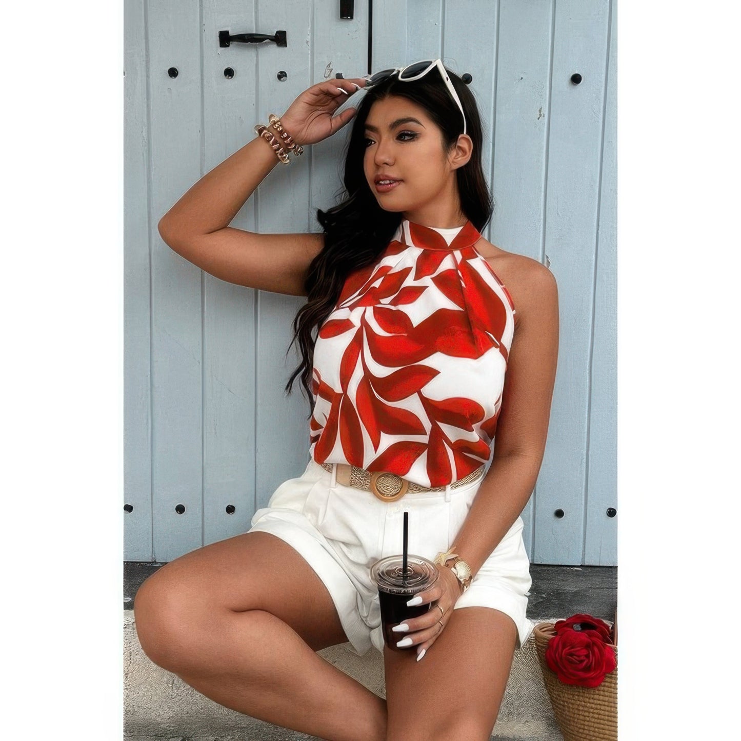 Plus Plant Print Halter Sleeveless Loose Blouse