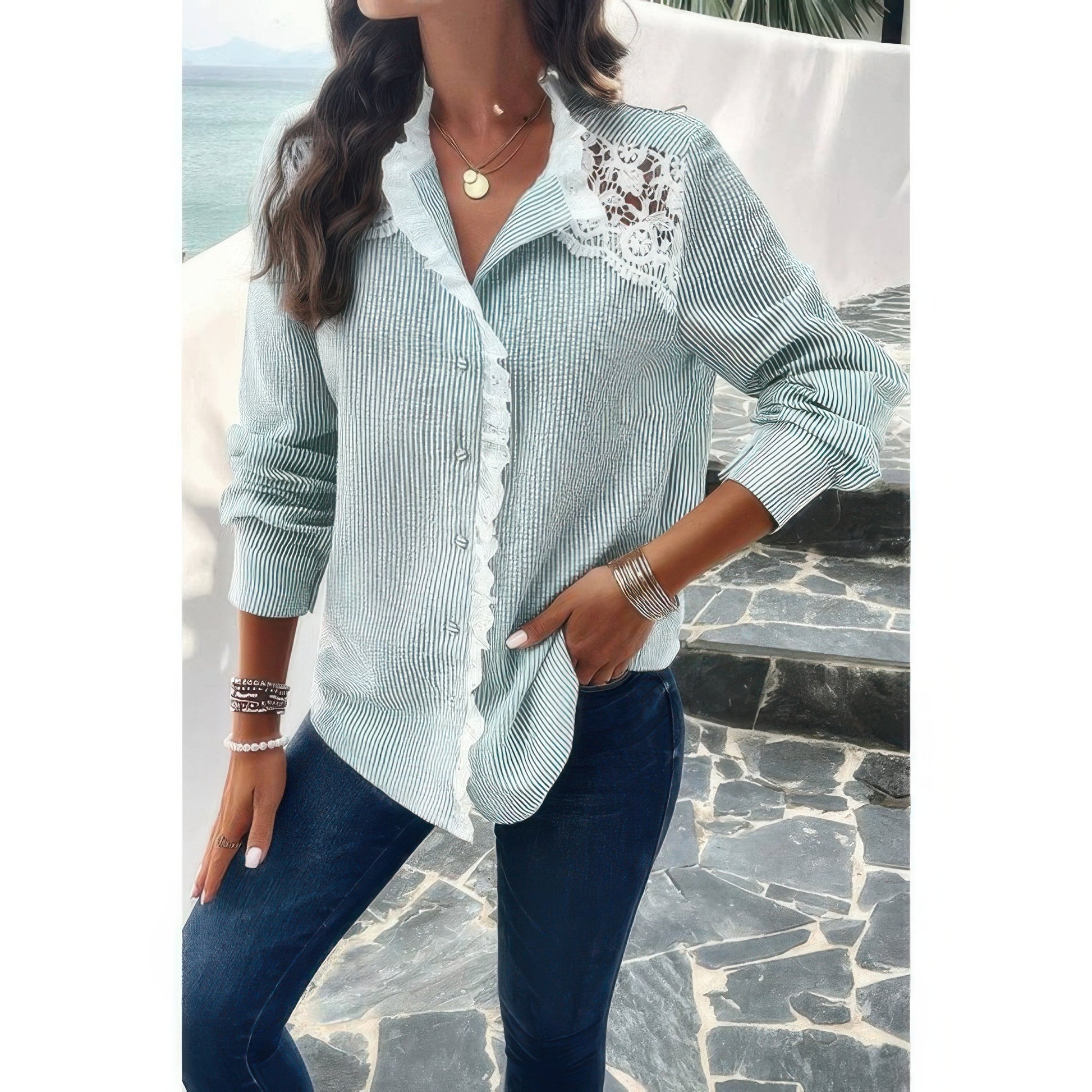 Colorblock Guipure Lace Insert Button Front Shirt