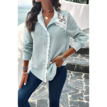 Colorblock Guipure Lace Insert Button Front Shirt