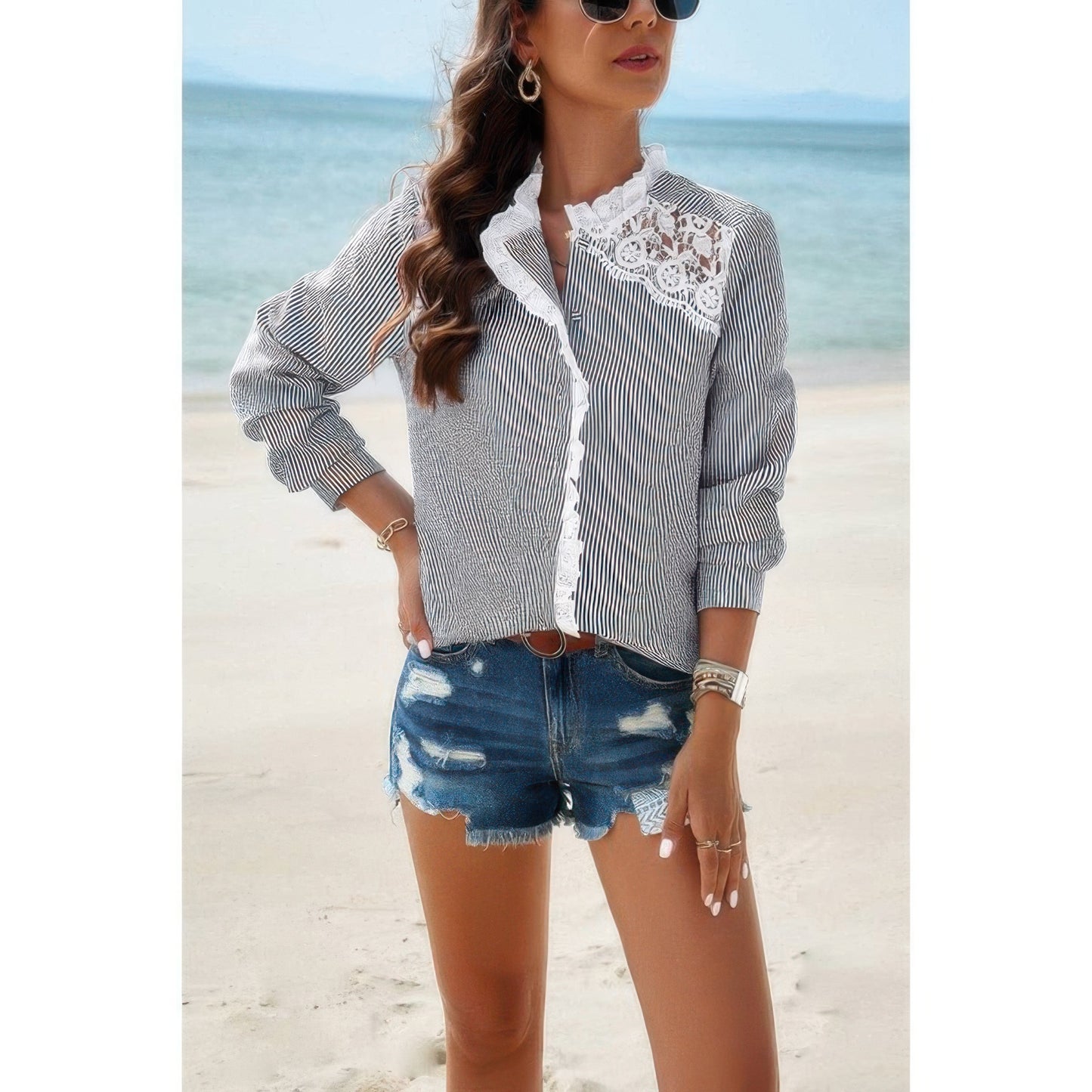Colorblock Guipure Lace Insert Button Front Shirt