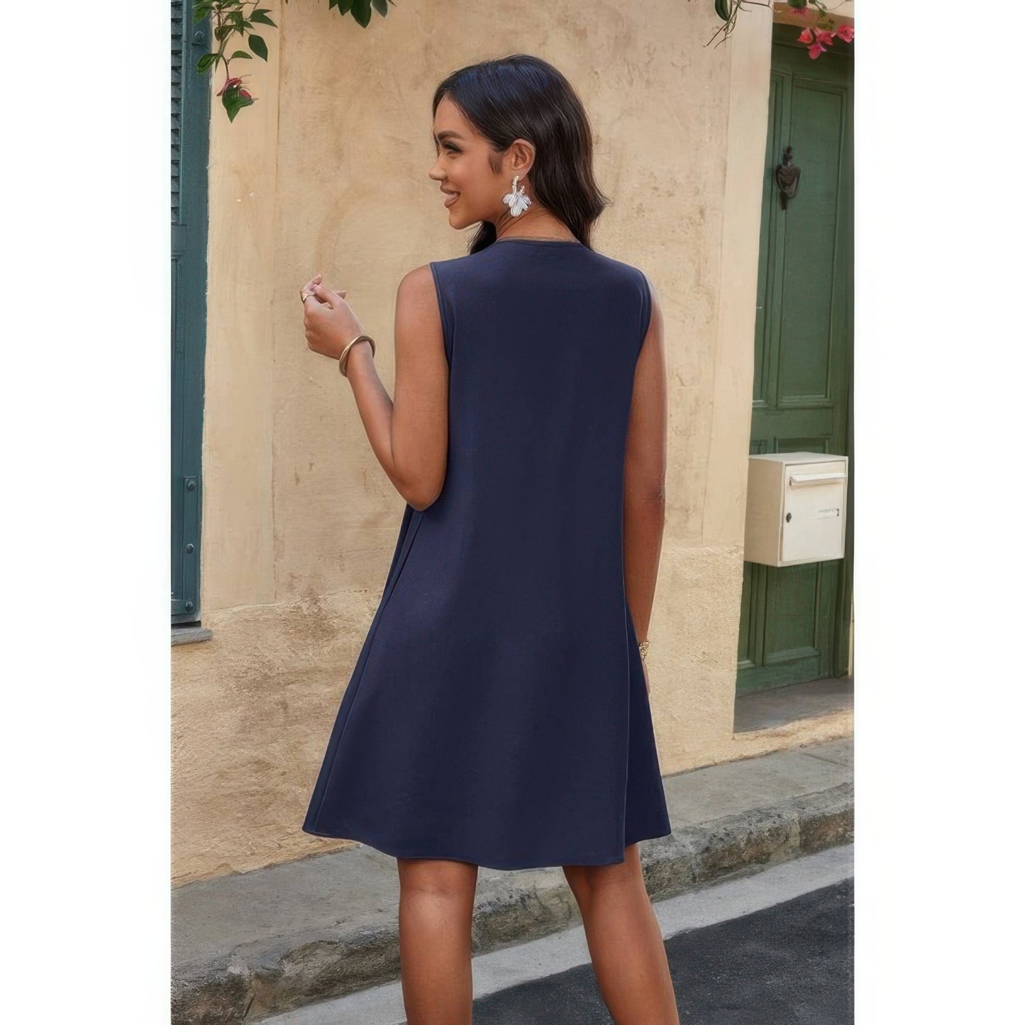 Round Neck Knot Cut Out Pleated Loose Fit Dress