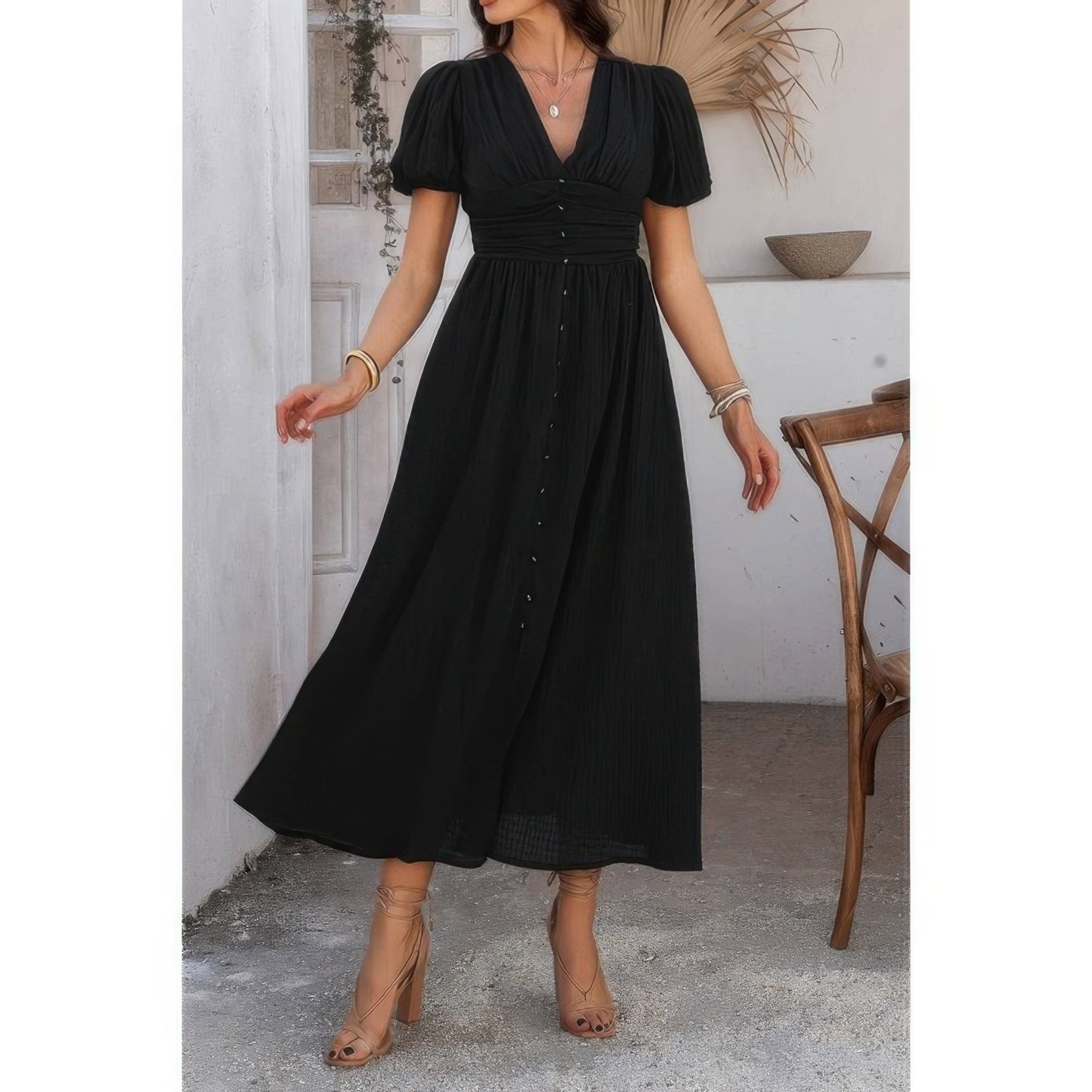 Solid V Neck Puff Sleeves Solid Knot Detail Dress