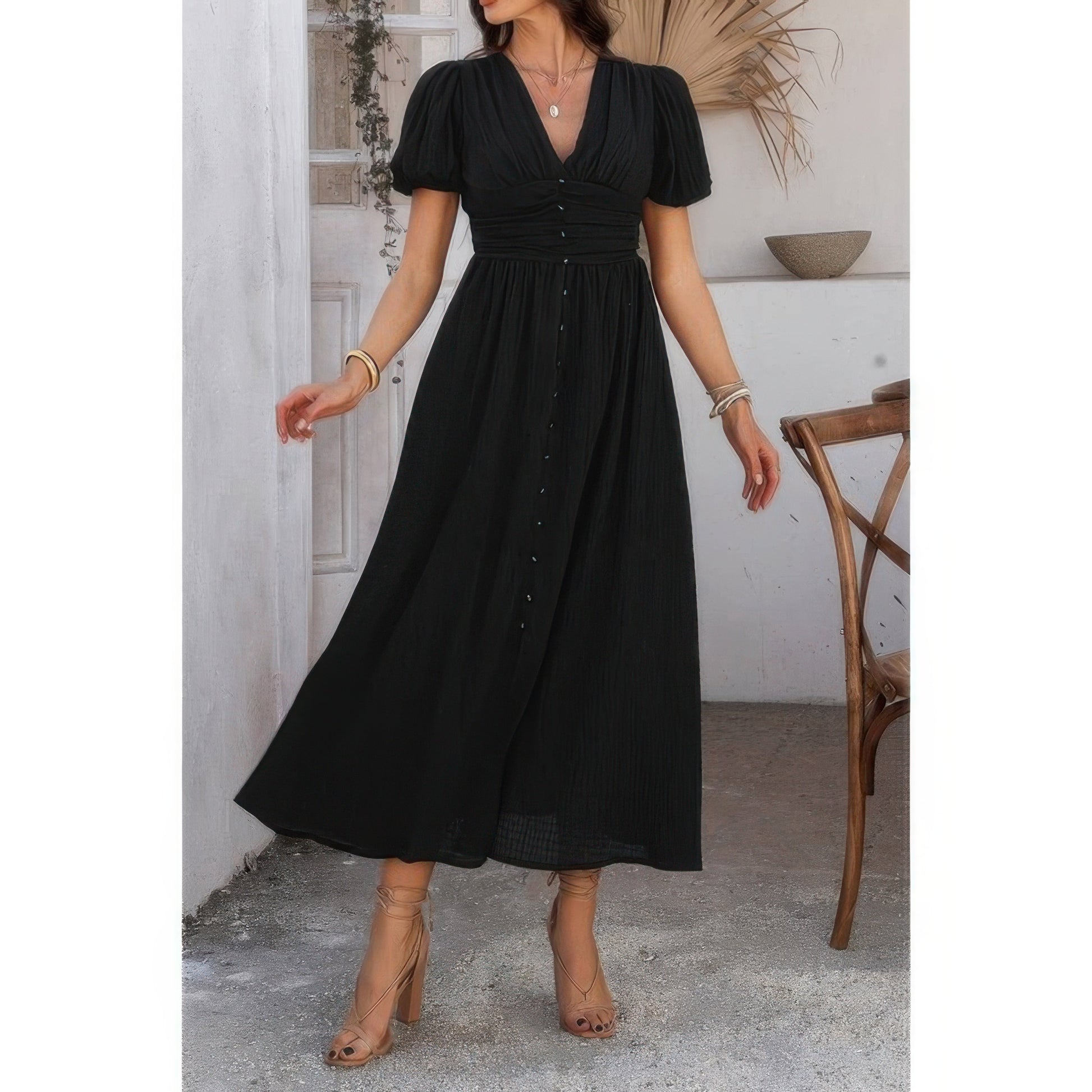 Solid V Neck Puff Sleeves Solid Knot Detail Dress