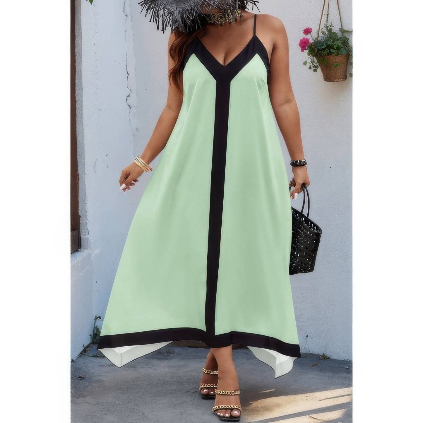 Plus Colorblock Spaghetti Strap A Line Dress