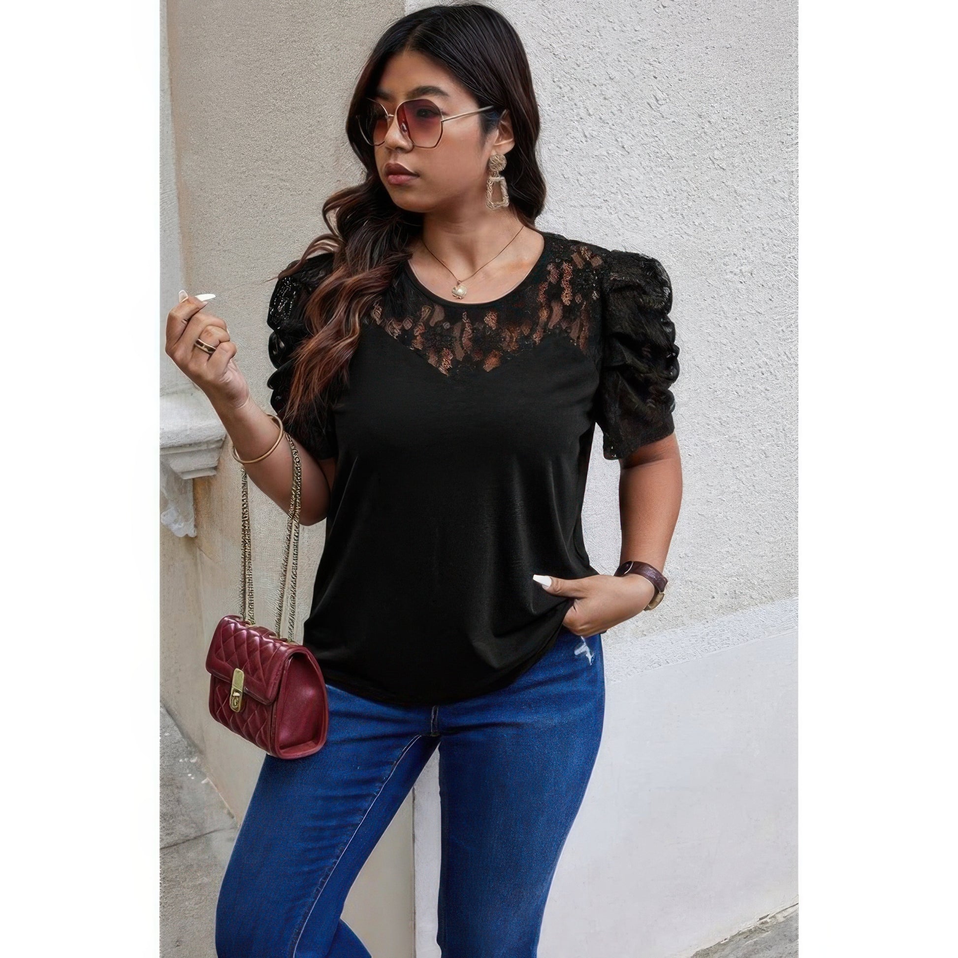Solid Lace Ruffle Sleeve Hollow Out Elegant Shirt