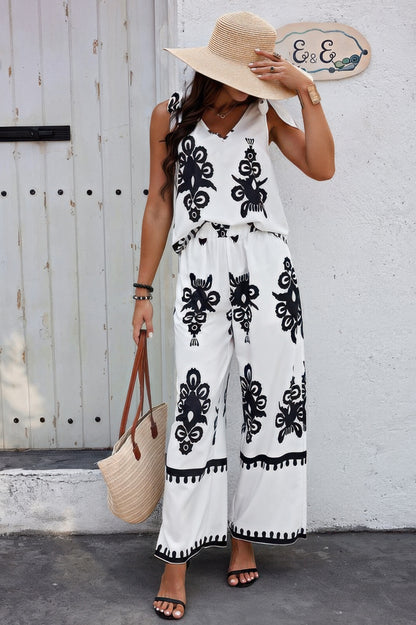 Floral Knot Shoulder Sleeveless Elastic Waist Sets